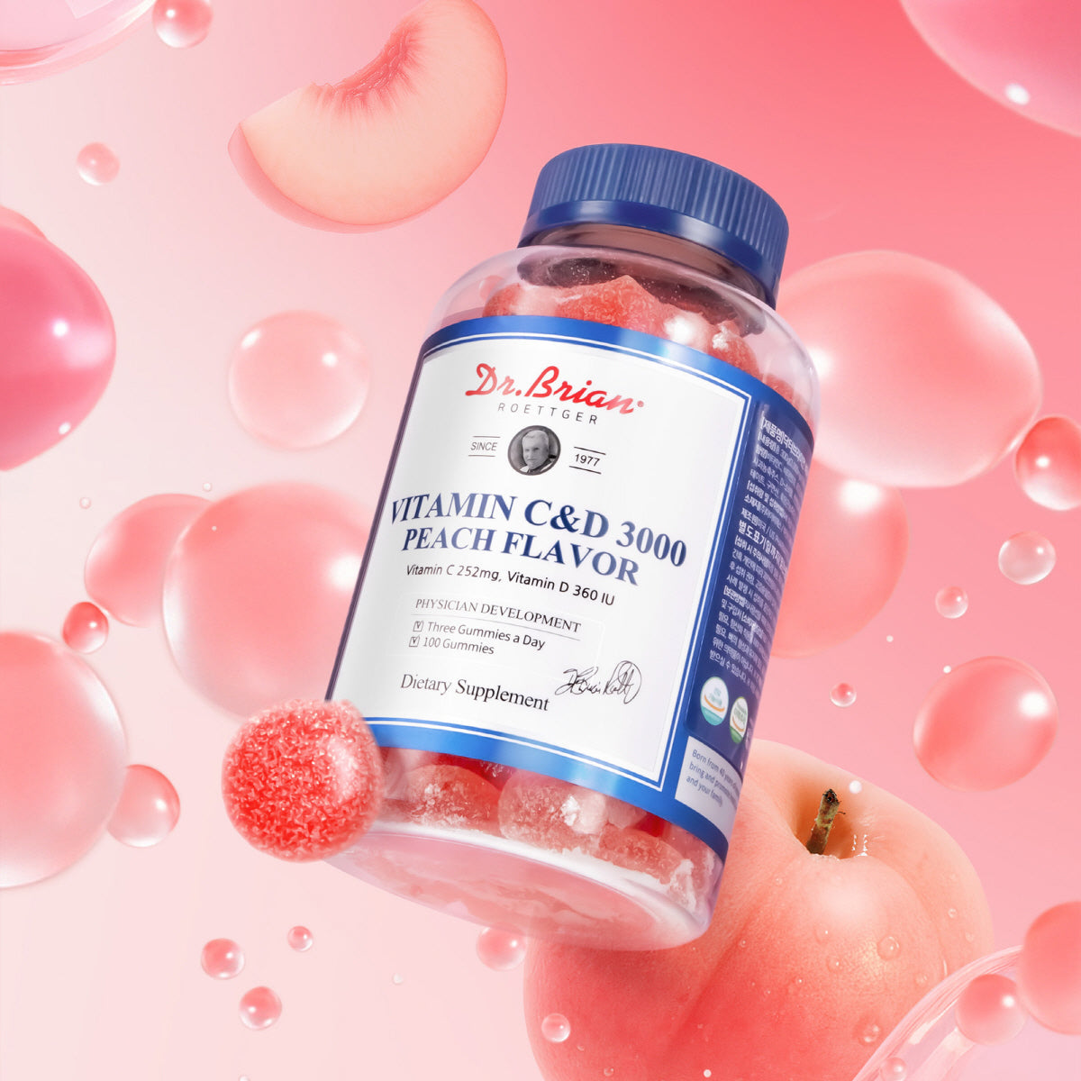 [Dr.Brian] Dr. Brian's Peach Flavored Vitamin C&D 3000 100 Gummies (33 days' worth)