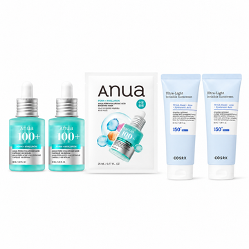 Anua PDRN + COSRX Invisible Sun Morning Set product set on white background